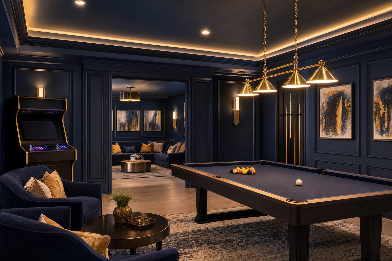 An upscale family game room with an arcade cabinet and pool table.