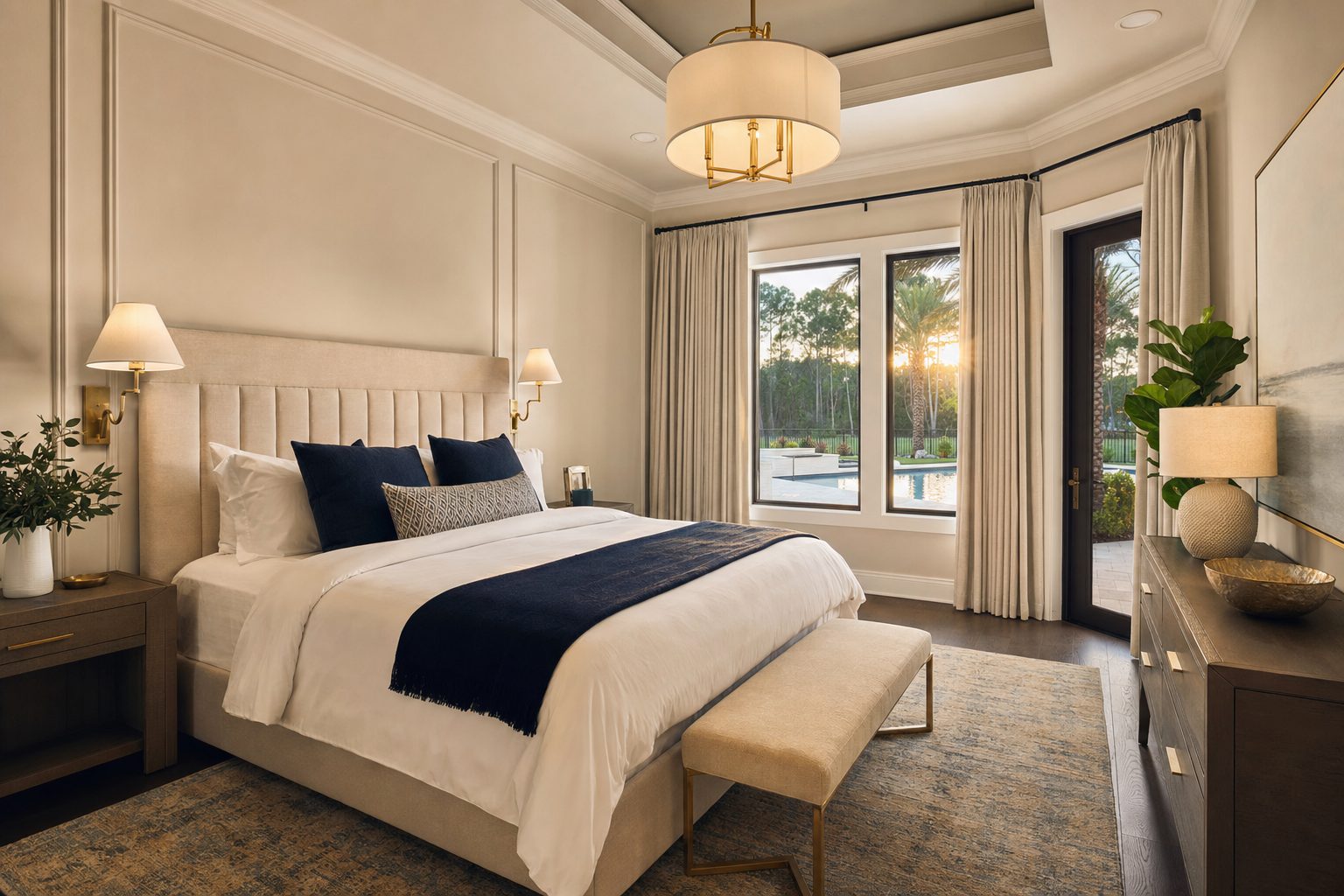 A serene primary bedroom with crisp white linens in an Orlando vacation home.
