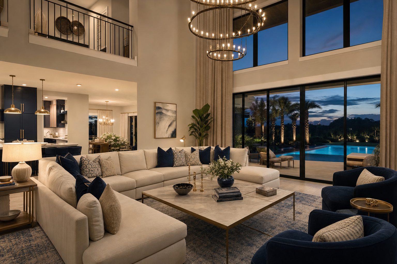 A bright double-height great room in an upscale Orlando vacation home, styled for guest arrival.