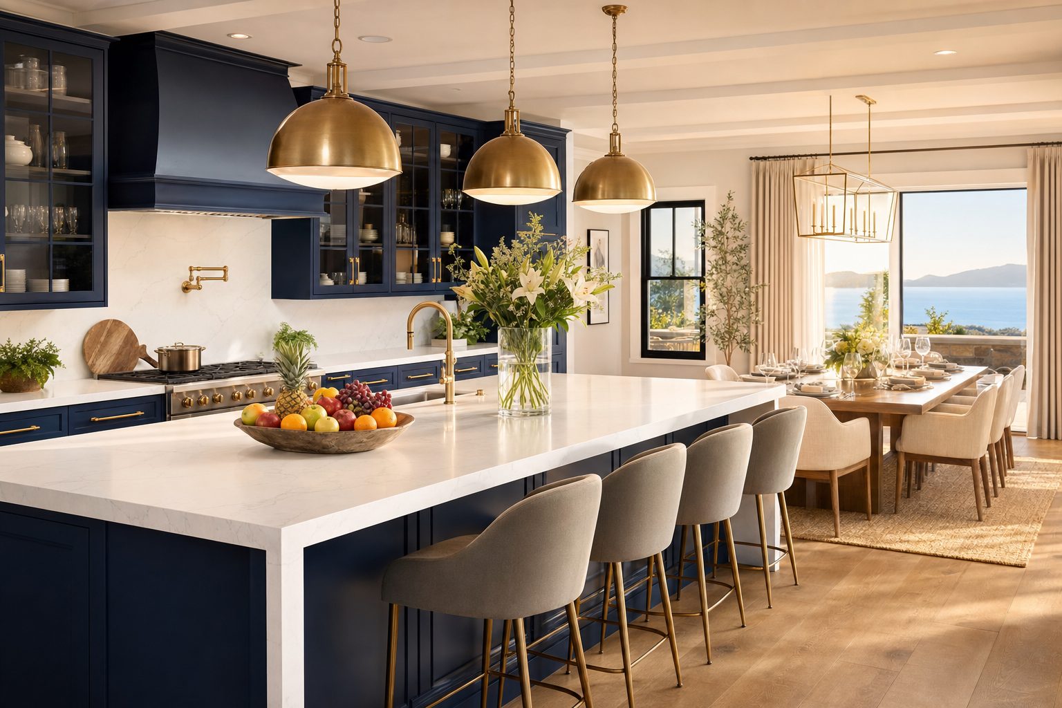 A luxury vacation-home kitchen and dining space set for a large family.