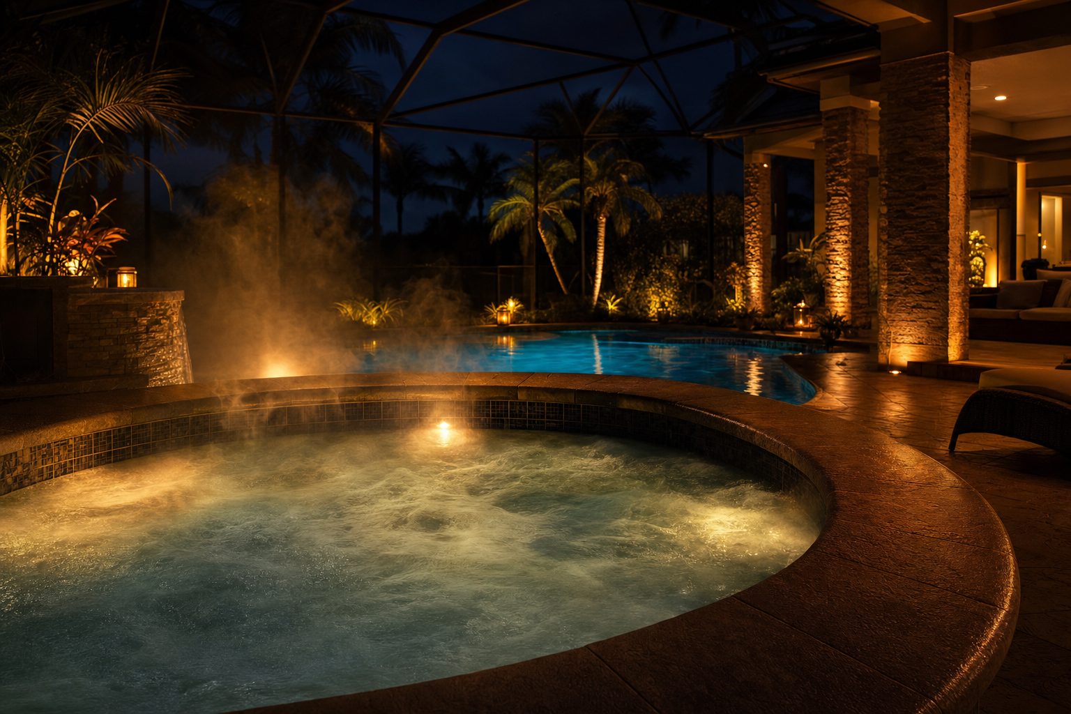 A private screened spa and pool deck glowing warmly at night.