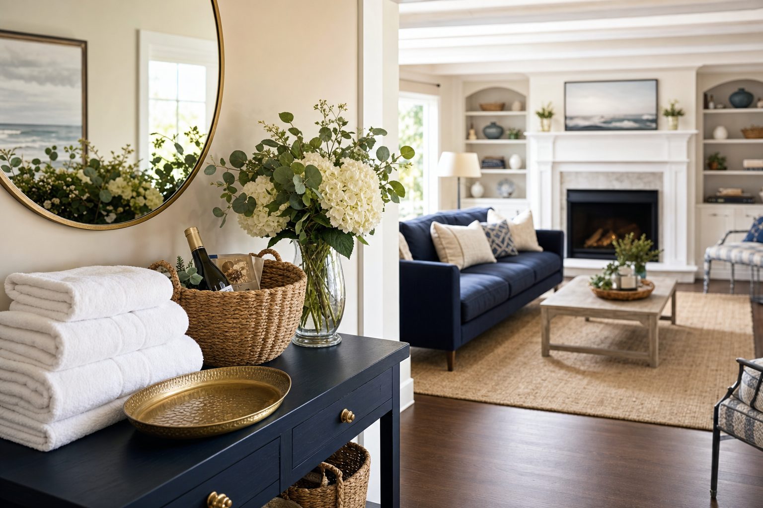 Fresh folded towels, flowers and a welcome tray prepared for arriving guests.